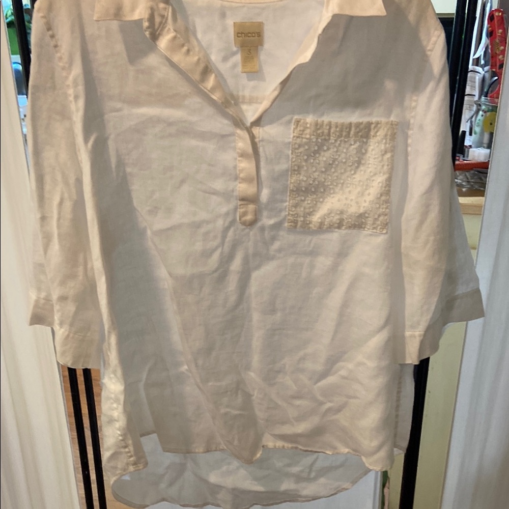 Chico's White Linen-Blend Tunic with Textured Pocket